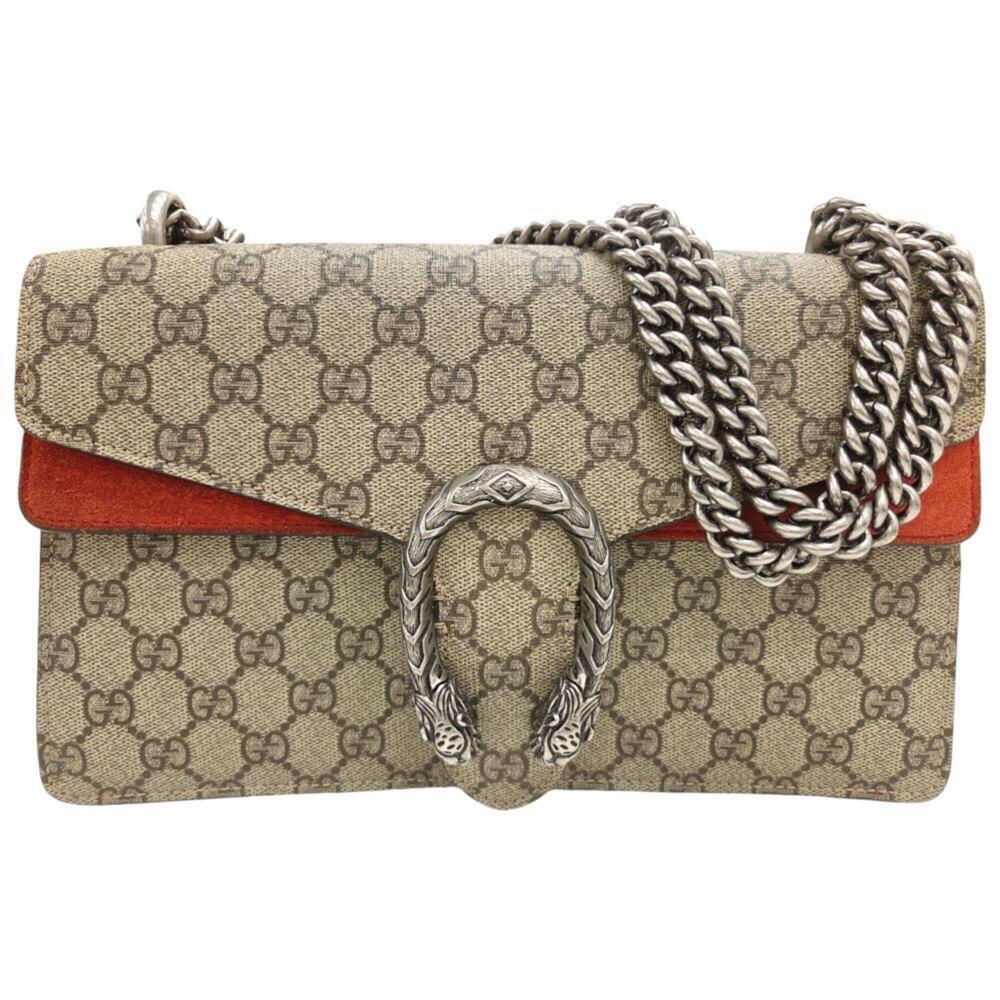 GUCCI Dionysus Chain Shoulder Bag 400249 GG Supreme Suede Brown Red Leather W...